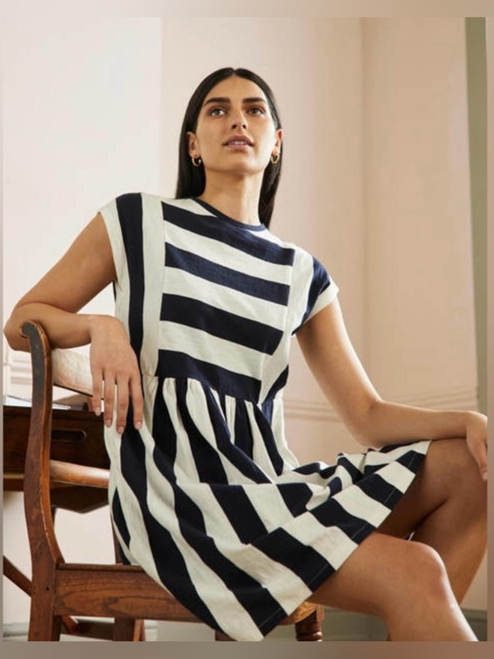Boden Navy and White Striped Jersey Cotton Dress - Size 10